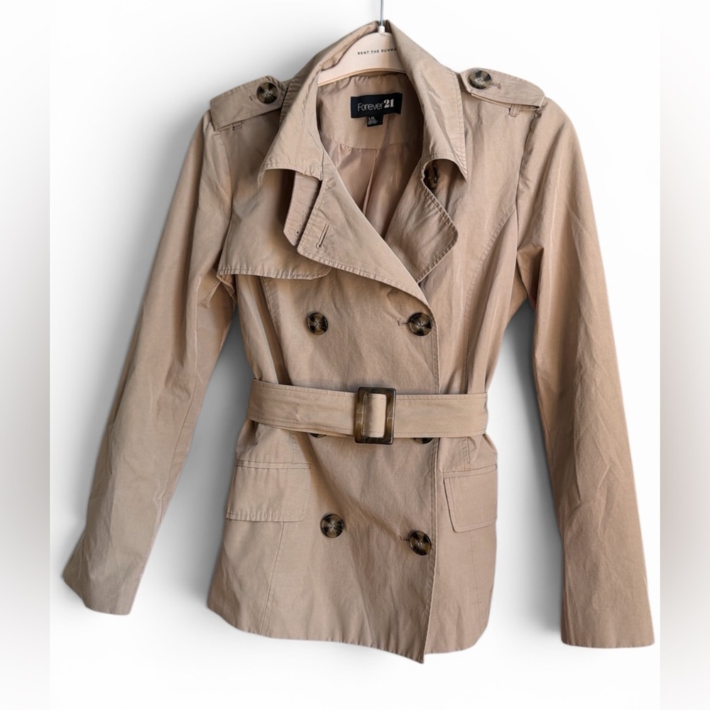 Forever 21 Tan Double-Breasted Trench Coat with Belt Classic Heirloom Minimalist